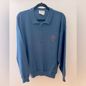 Vintage 1970s HUGO BOSS Men's Blue Pure New Wool Polo Sweater w/ Emblem Patch 50